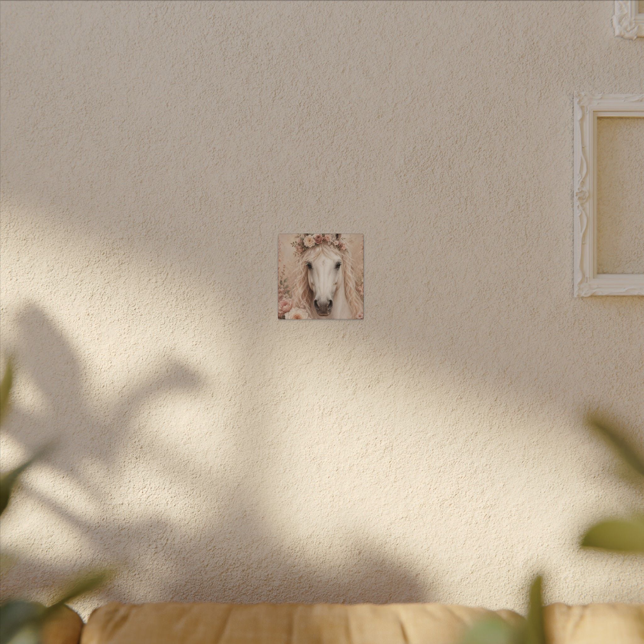Floral White Horse Matte Canvas Wall Art