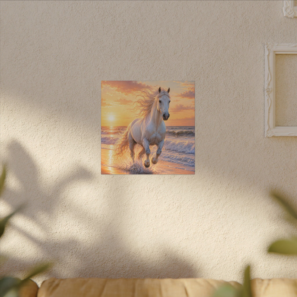 White Horse on Beach Canvas Print — Sunset Seaside Wall Art