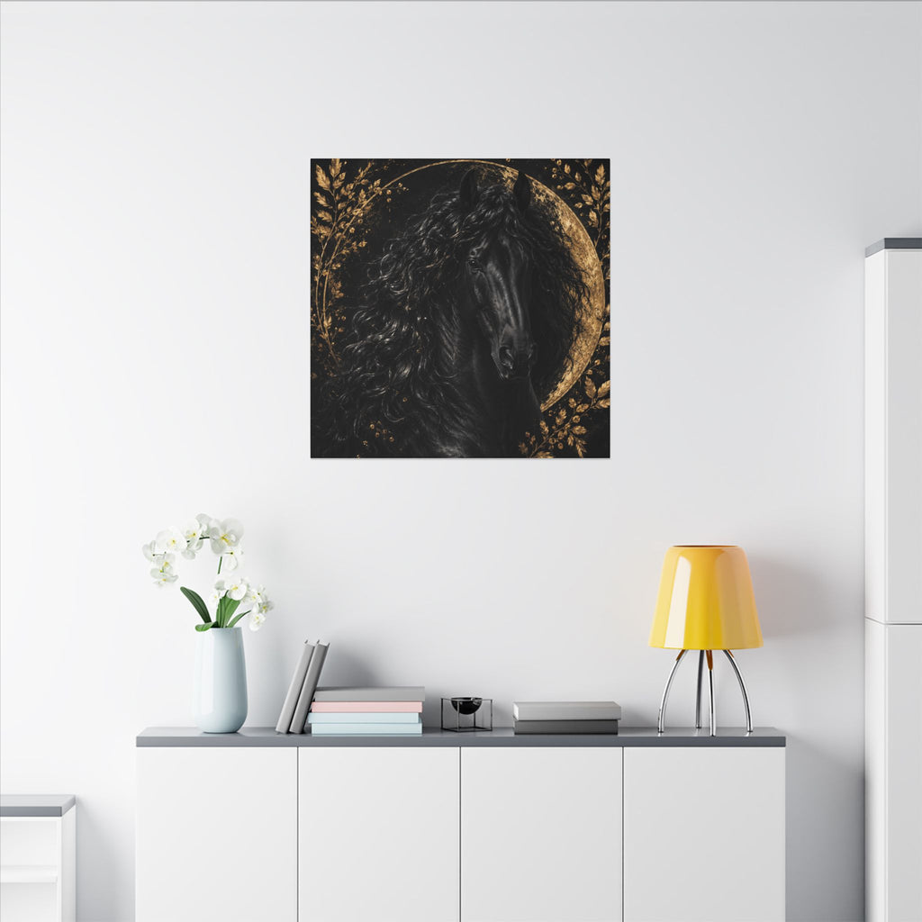 Black Stallion Canvas Print — Elegant Horse Wall Art with Gold Moon