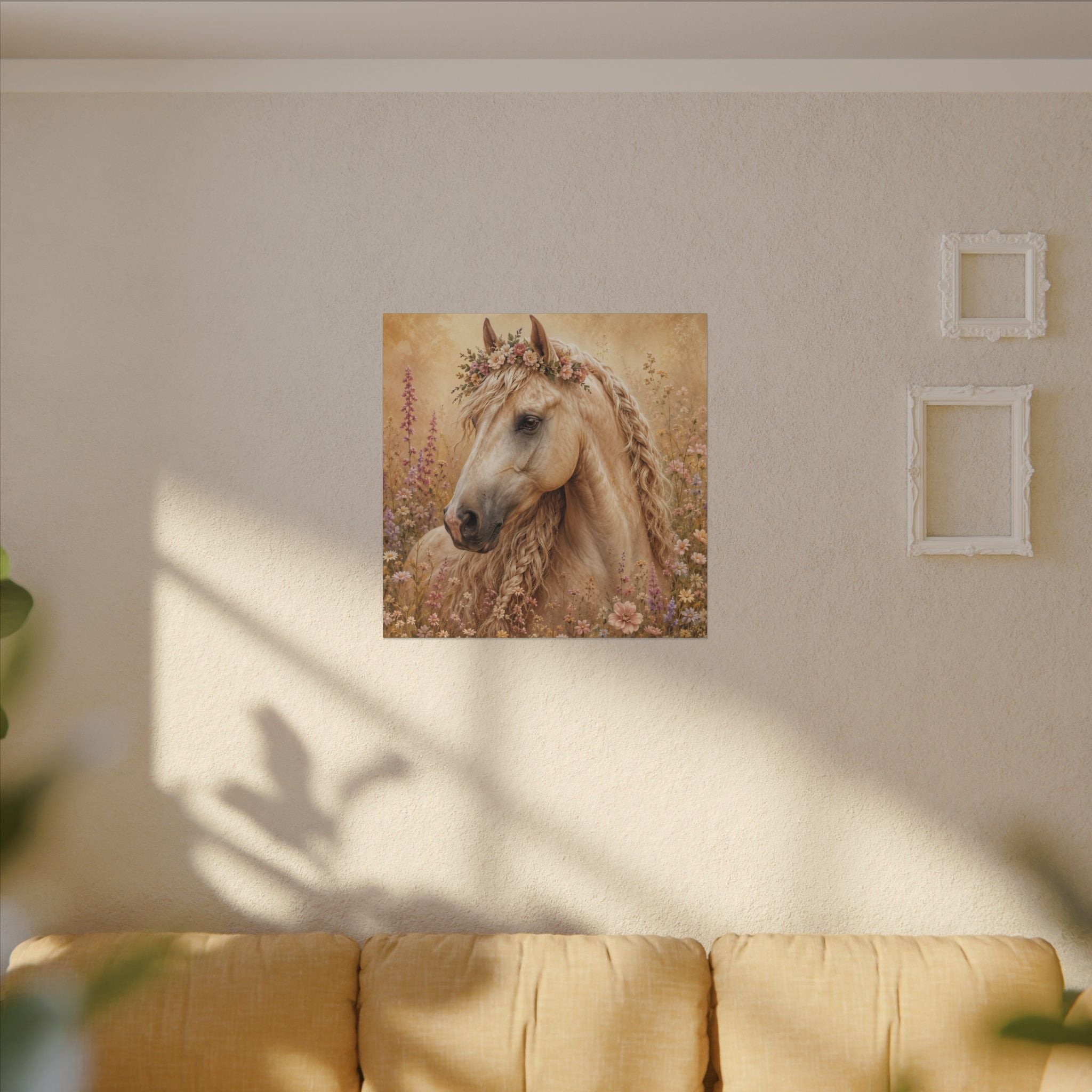 Golden Floral Horse Canvas Print — Matte Stretched Wall Art