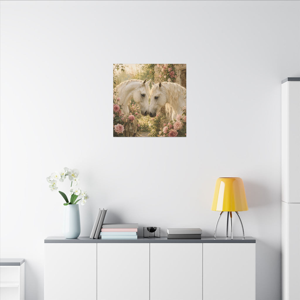 Romantic White Horses Canvas Wall Art — Floral Garden Horse Print
