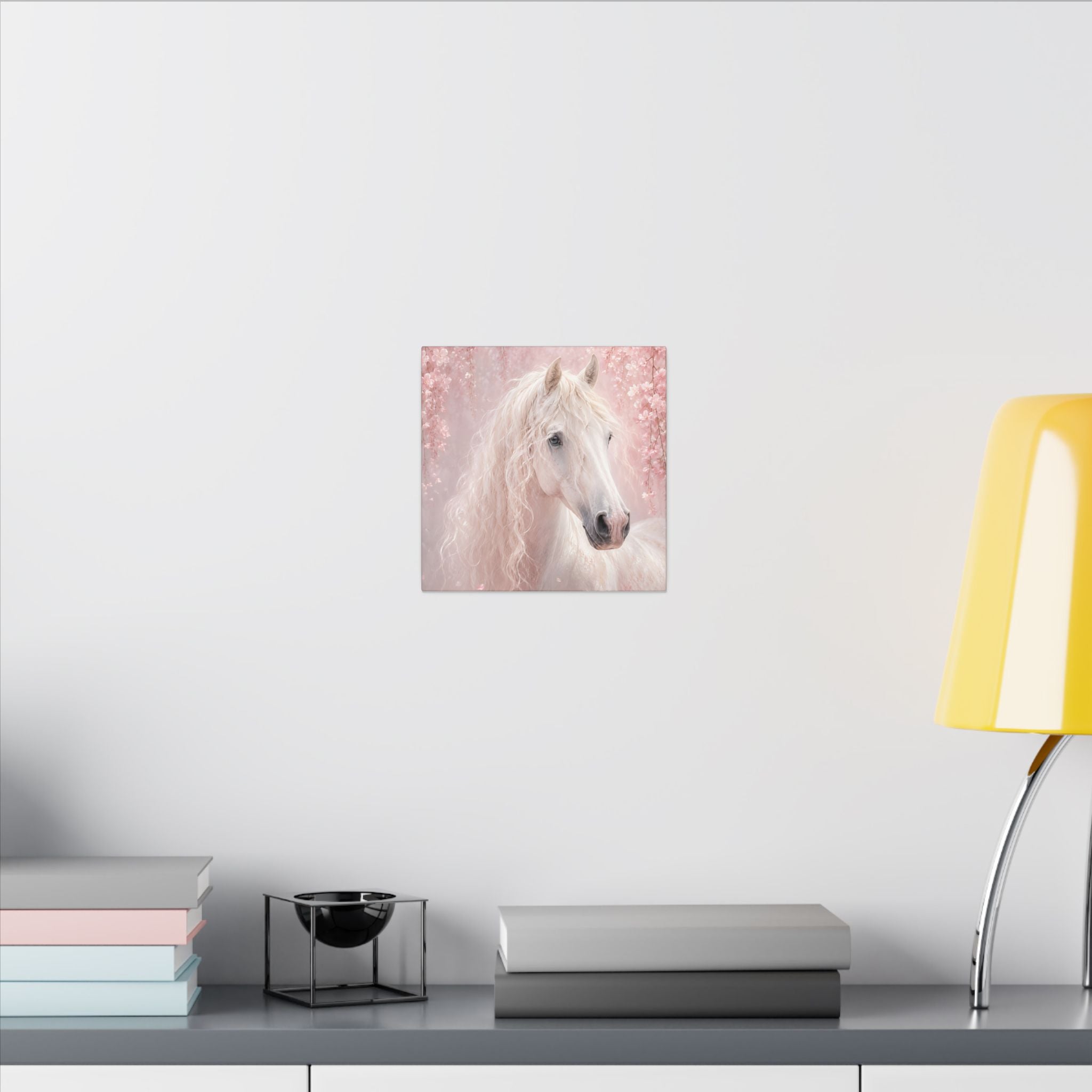 White Horse Canvas Wall Art — Romantic Pink Floral Unicorn-Style Print