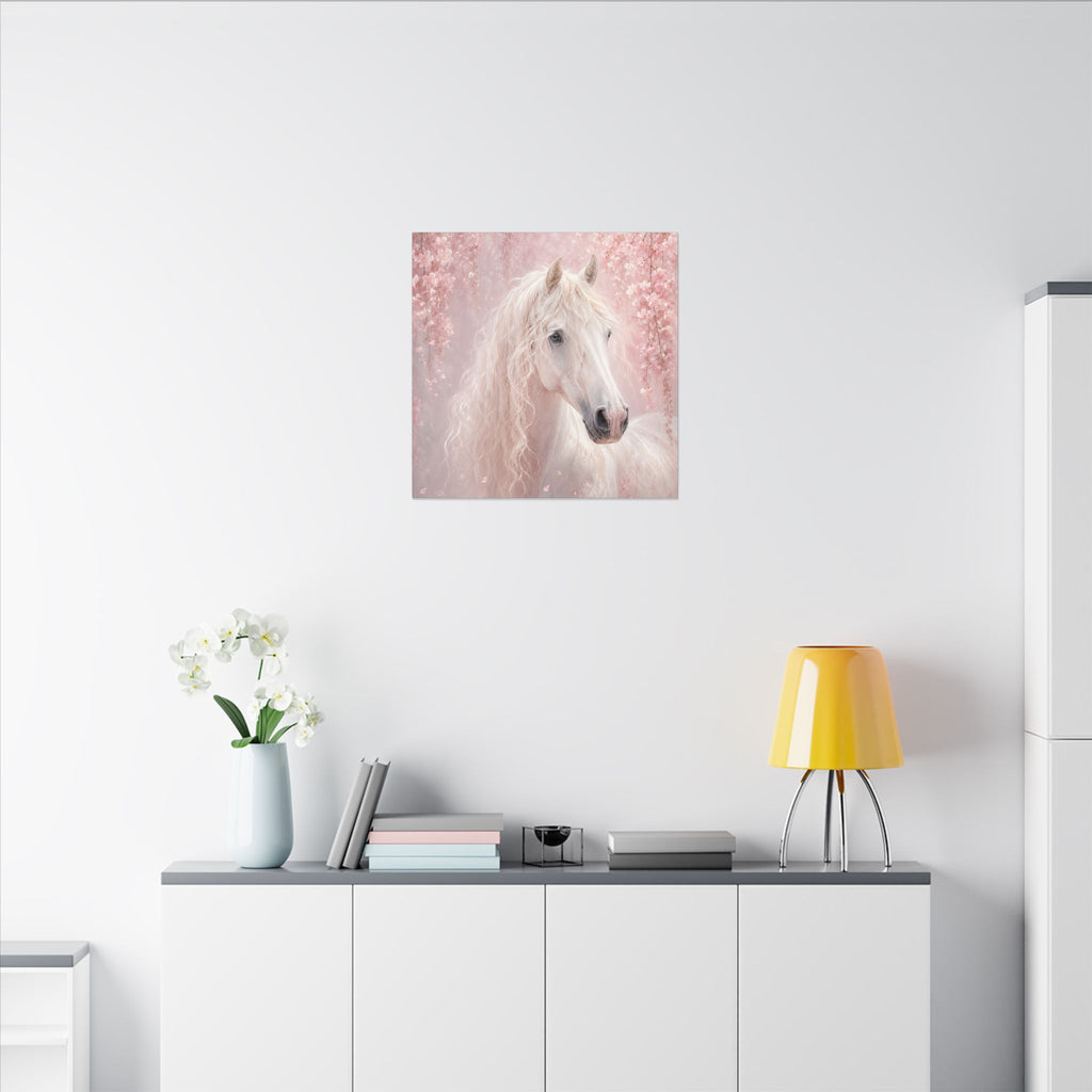 White Horse Canvas Wall Art — Romantic Pink Floral Unicorn-Style Print