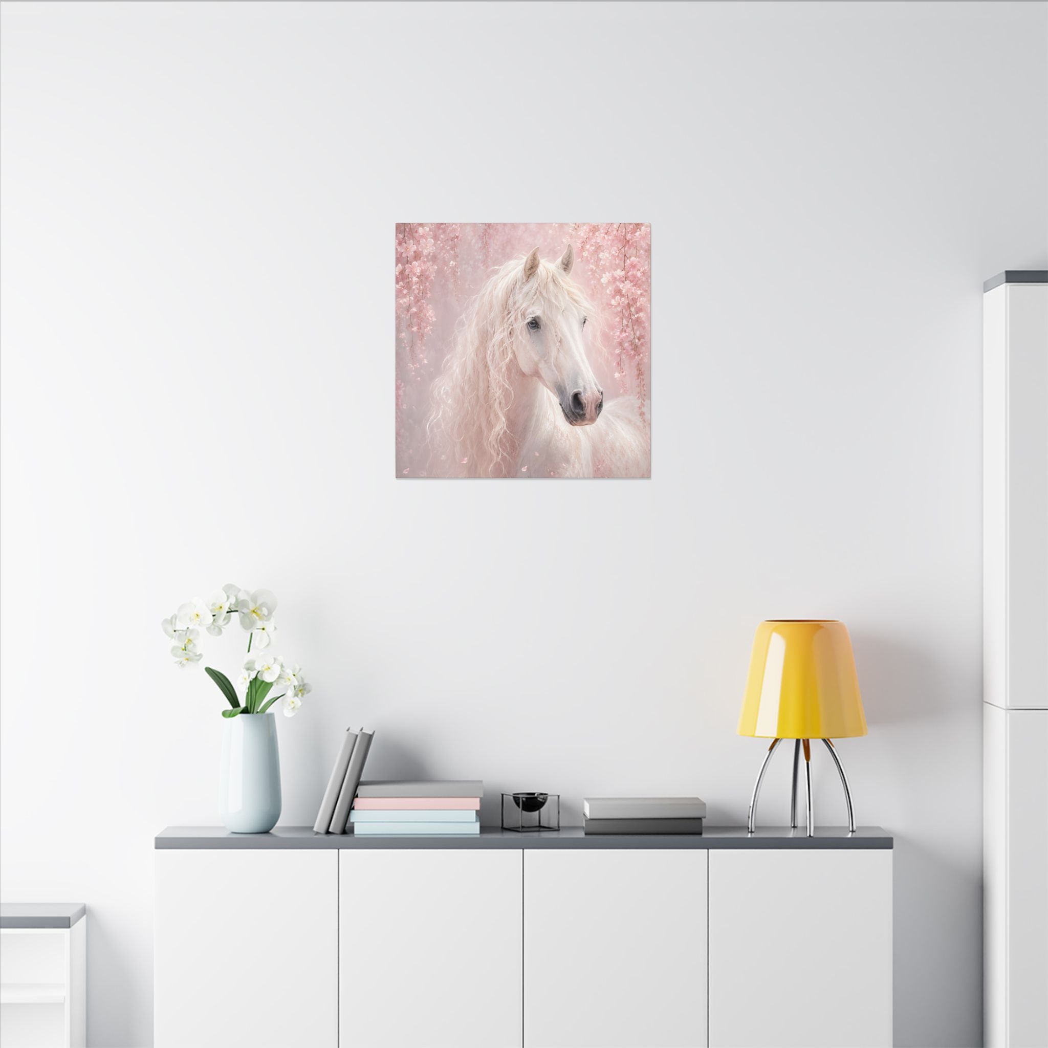 White Horse Canvas Wall Art — Romantic Pink Floral Unicorn-Style Print