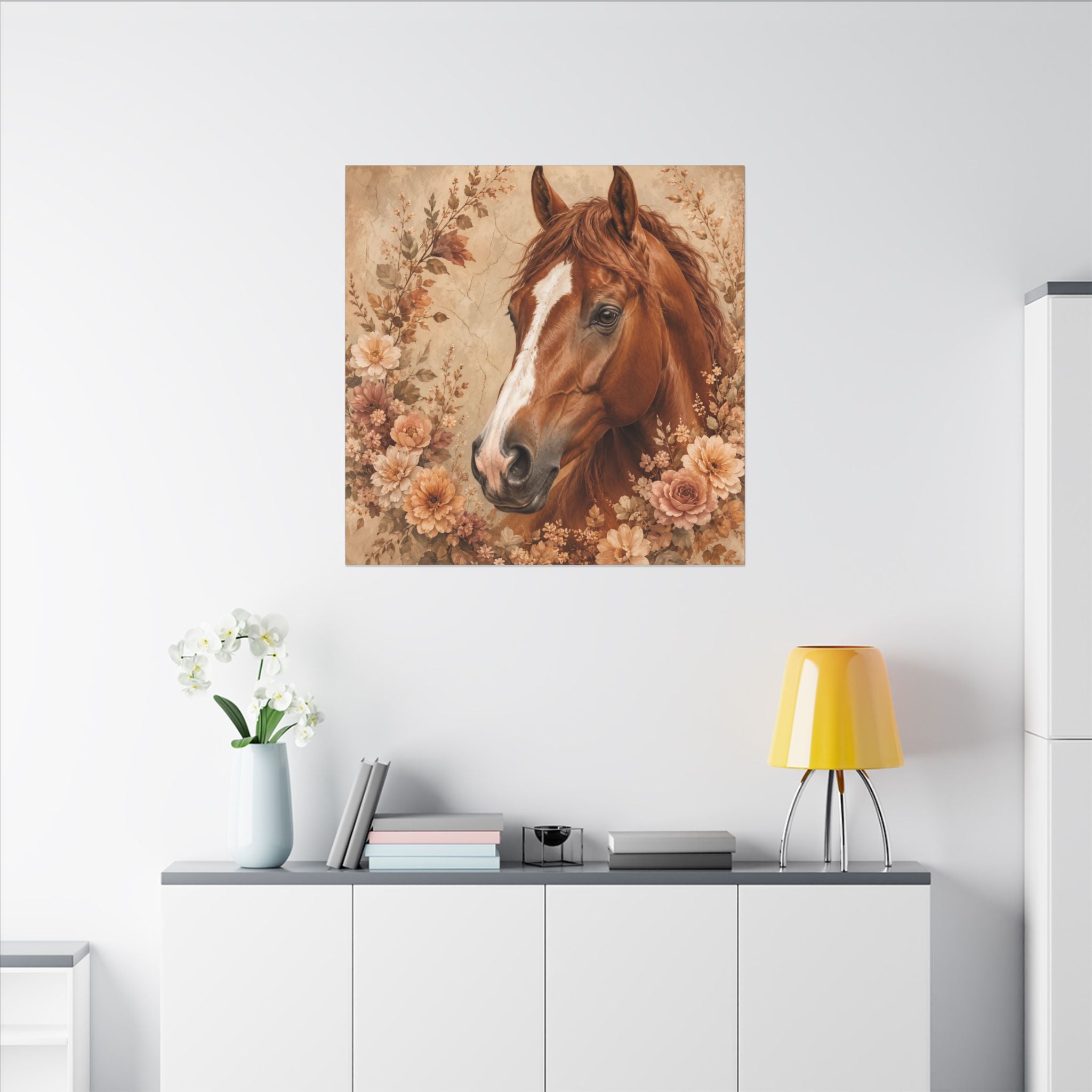 Chestnut Horse Portrait Canvas Wall Art — Floral Rustic Equestrian Decor