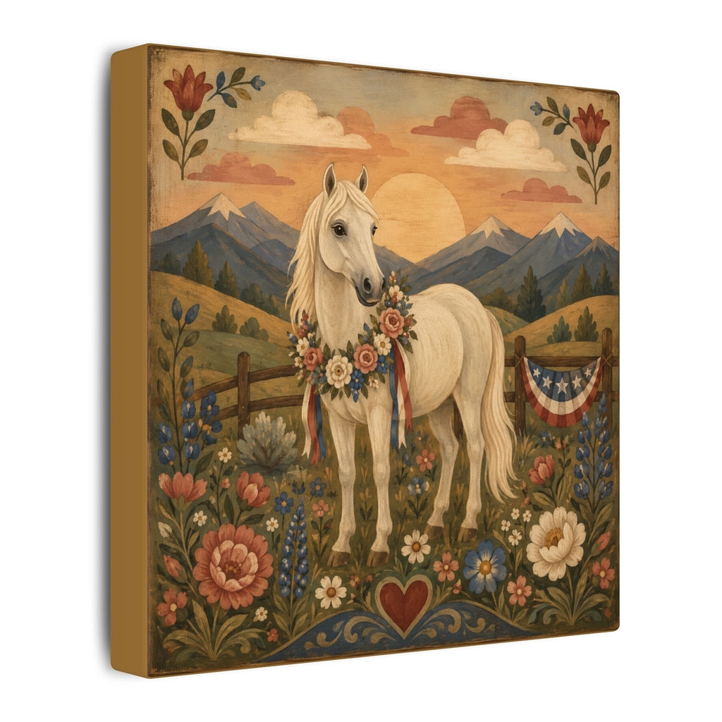 Patriotic White Horse Matte Canvas Wall Art
