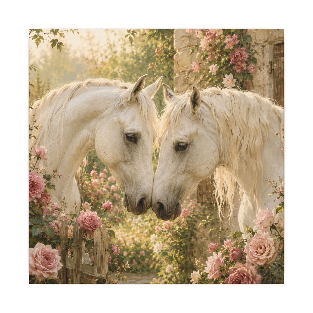 Romantic White Horses Canvas Wall Art — Floral Garden Horse Print