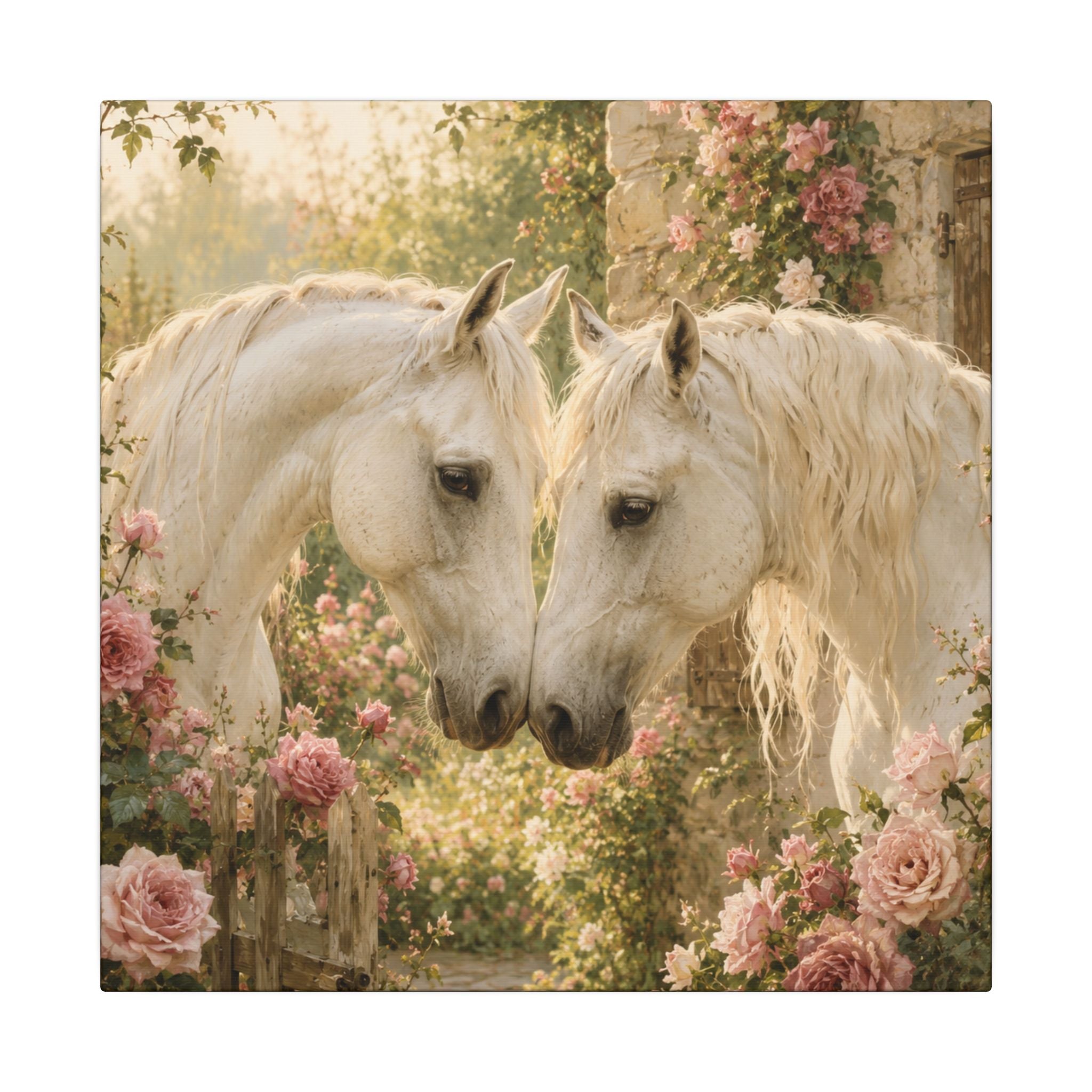 Romantic White Horses Canvas Wall Art — Floral Garden Horse Print
