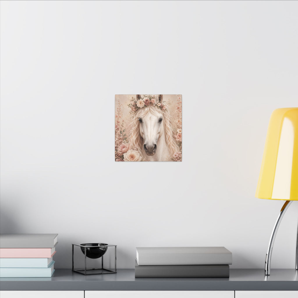 Floral White Horse Matte Canvas Wall Art
