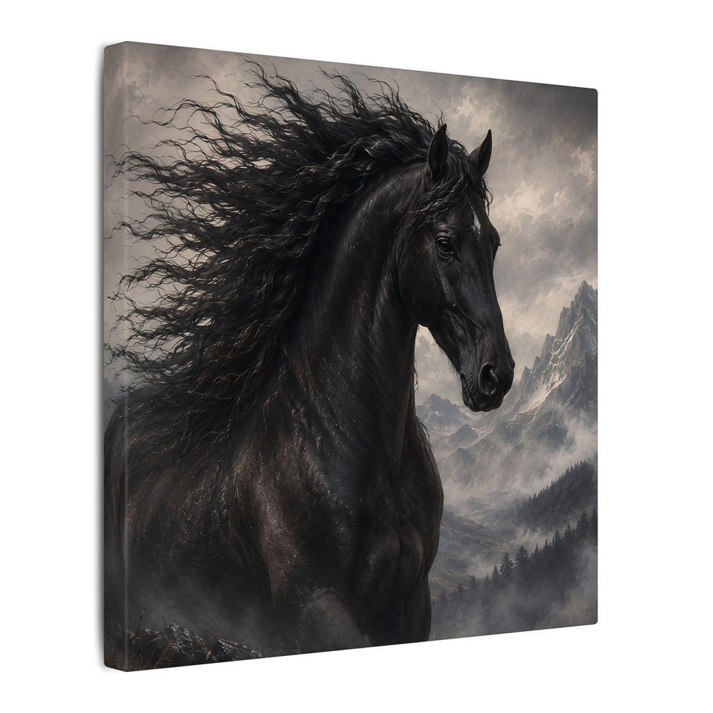 Majestic Black Horse Matte Canvas Wall Art — Dramatic Mountain Stallion Print