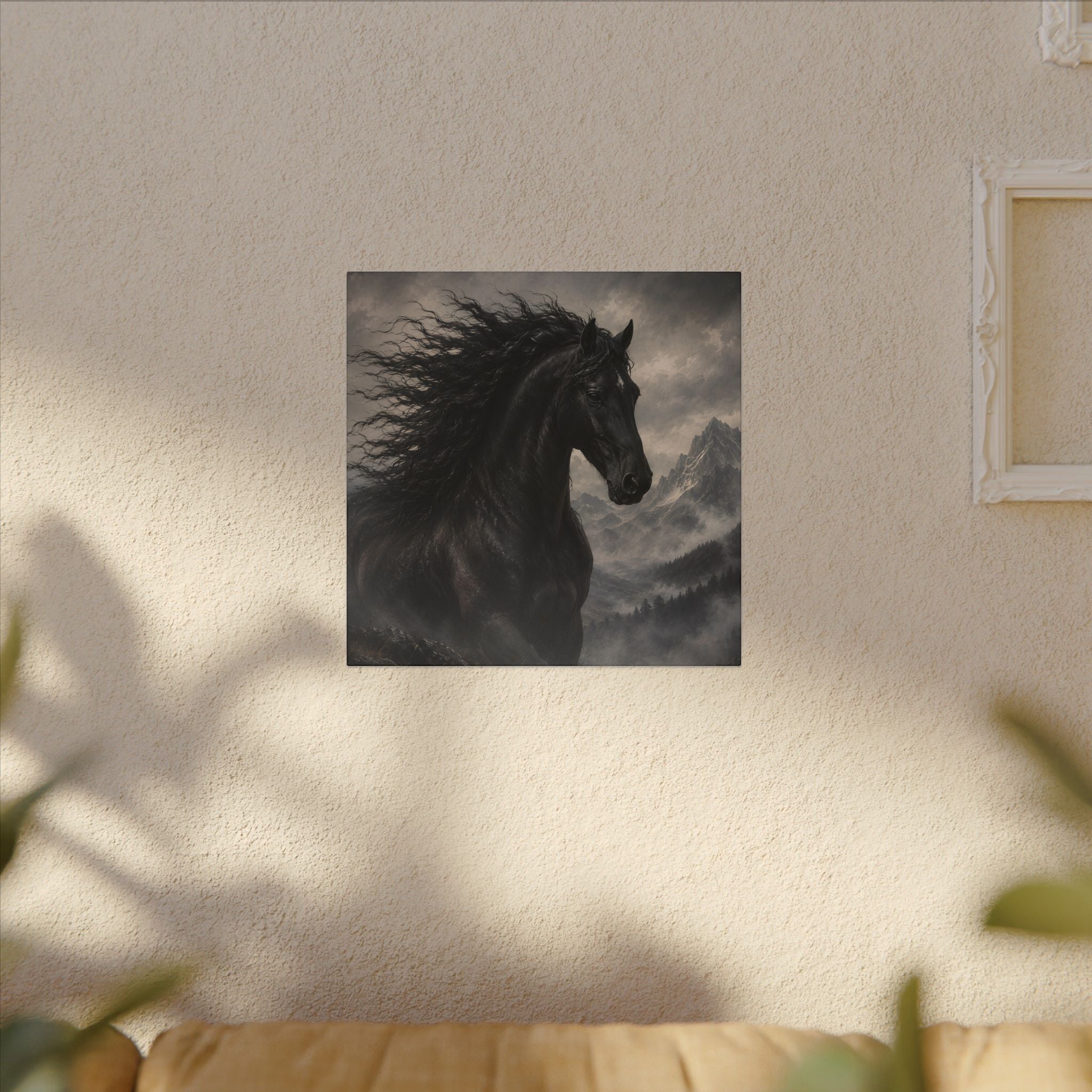 Majestic Black Horse Matte Canvas Wall Art — Dramatic Mountain Stallion Print