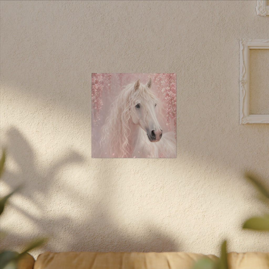 White Horse Canvas Wall Art — Romantic Pink Floral Unicorn-Style Print