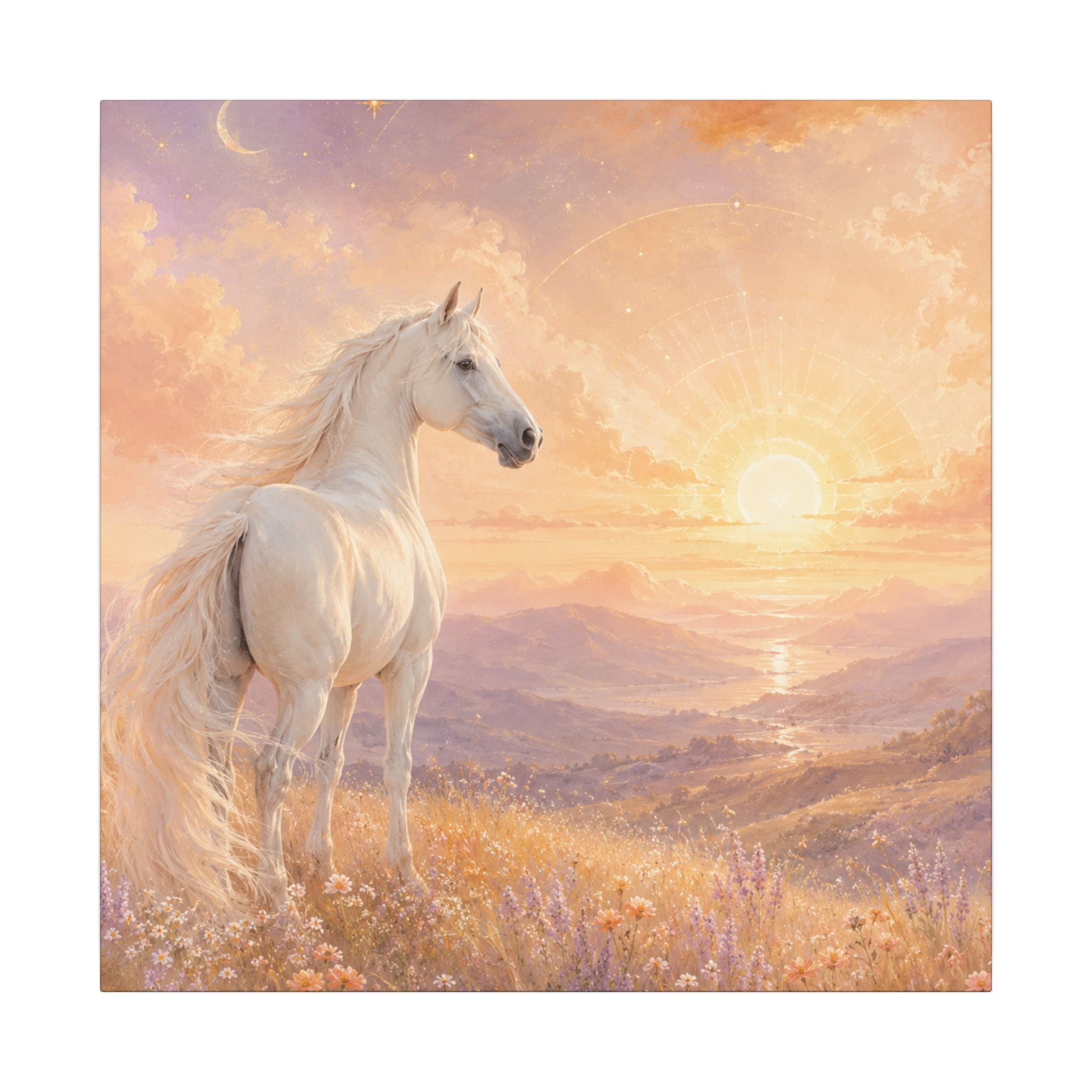 Equine Sunrise Matte Canvas Wall Art — White Horse Fantasy Landscape