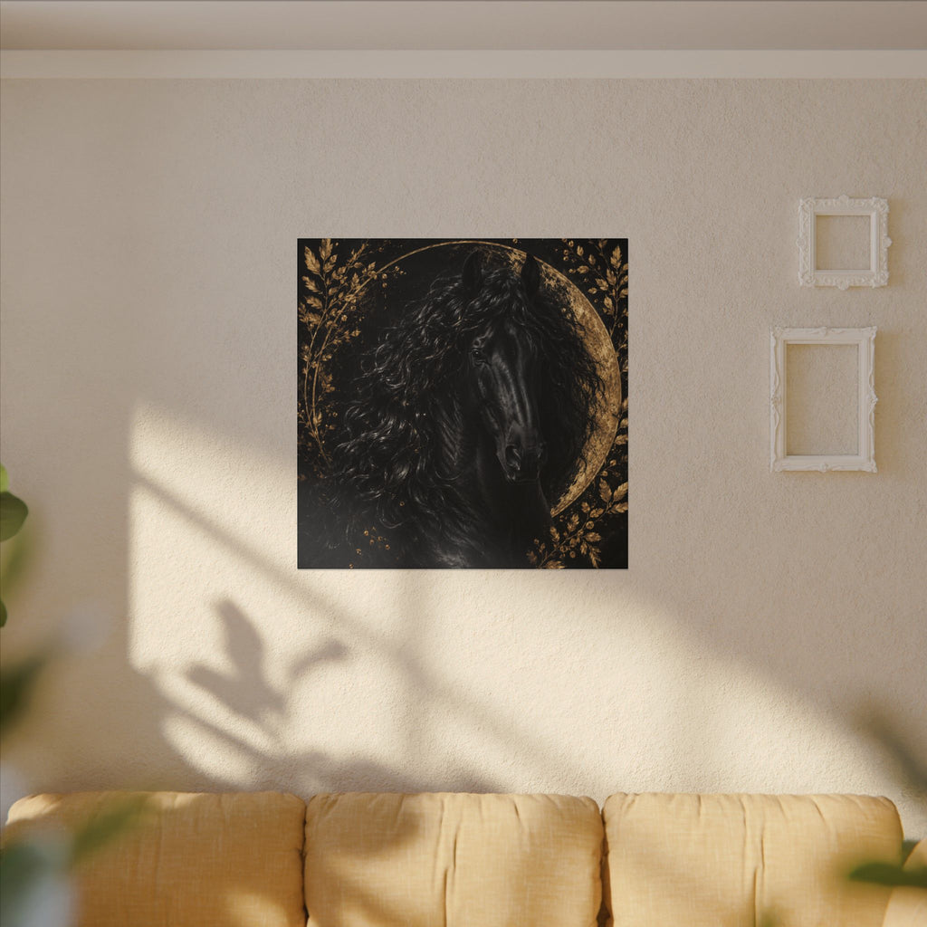 Black Stallion Canvas Print — Elegant Horse Wall Art with Gold Moon
