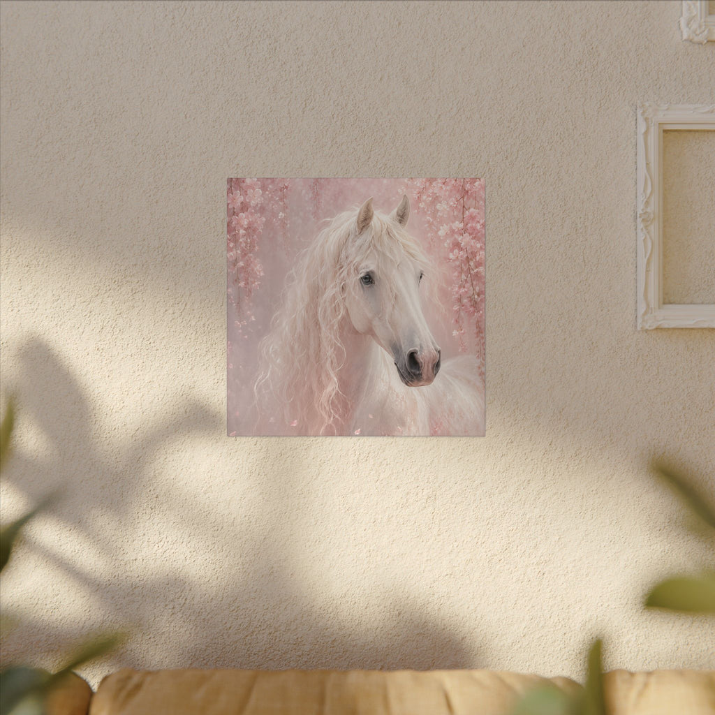 White Horse Canvas Wall Art — Romantic Pink Floral Unicorn-Style Print