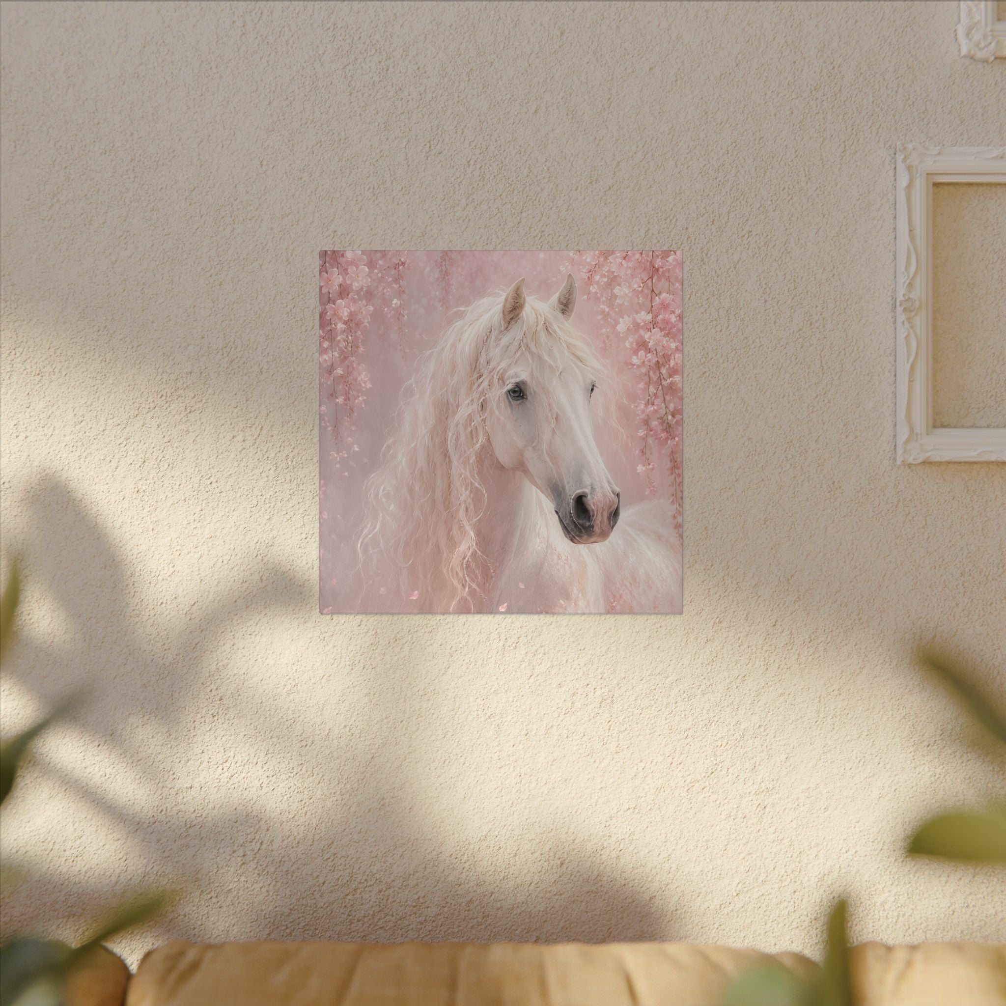 White Horse Canvas Wall Art — Romantic Pink Floral Unicorn-Style Print