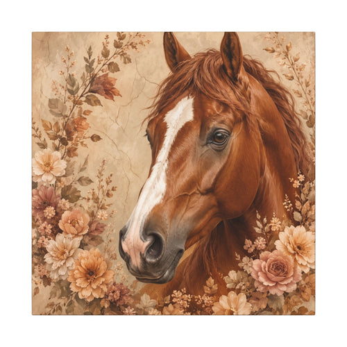 Chestnut Horse Portrait Canvas Wall Art — Floral Rustic Equestrian Decor