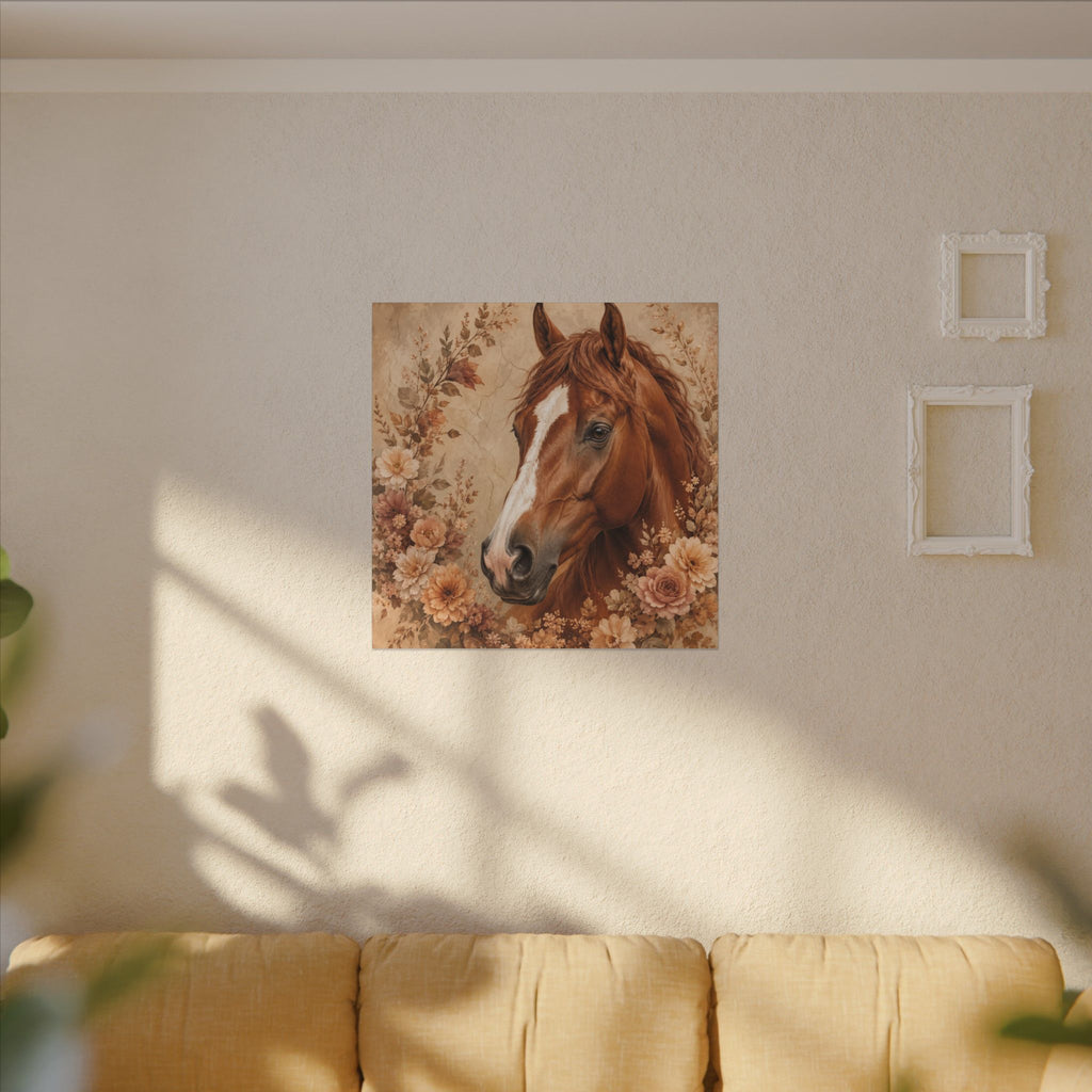 Chestnut Horse Portrait Canvas Wall Art — Floral Rustic Equestrian Decor