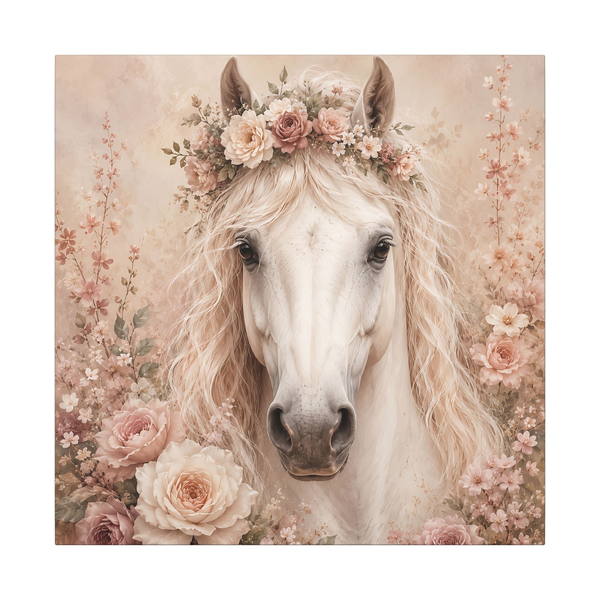 Floral White Horse Matte Canvas Wall Art