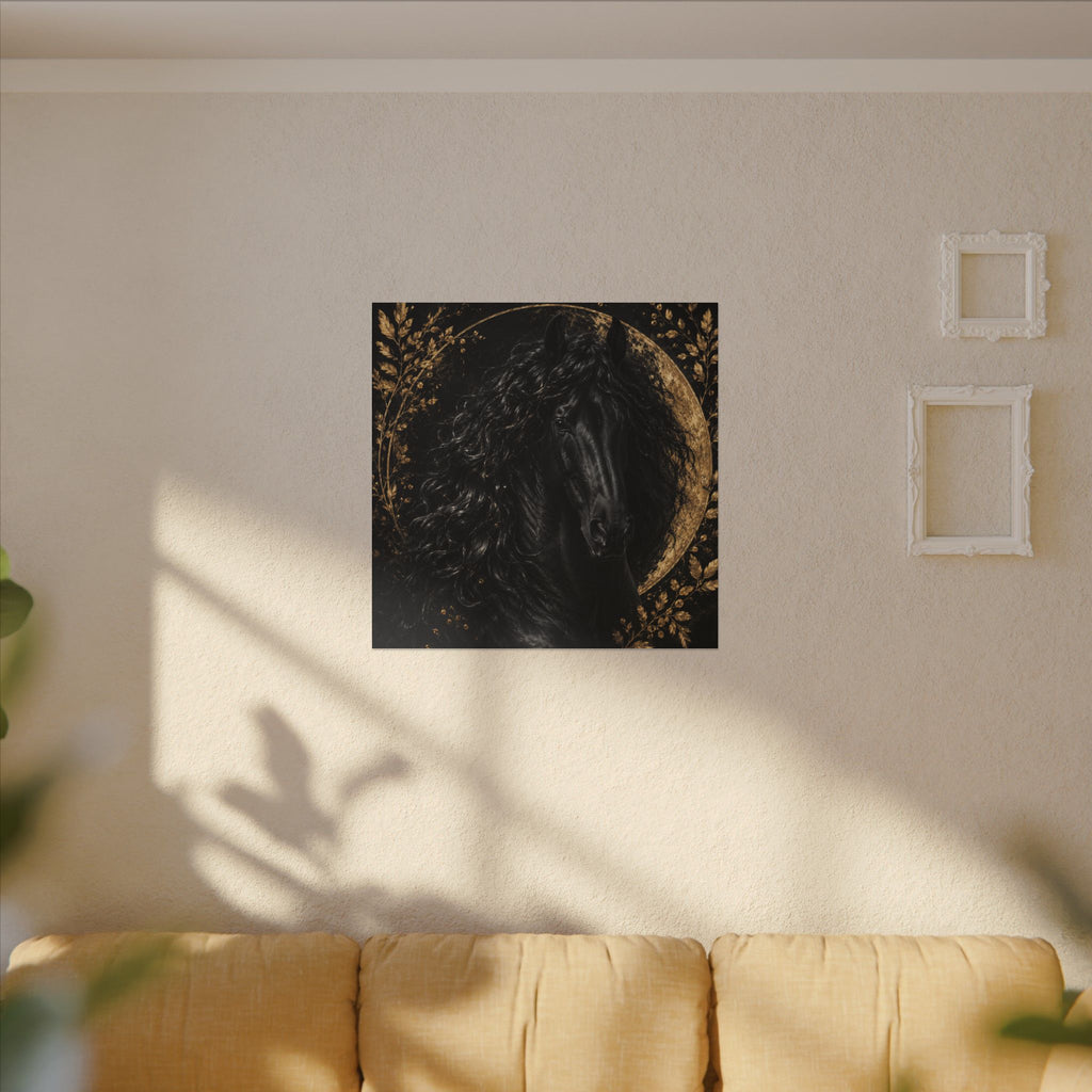 Black Stallion Canvas Print — Elegant Horse Wall Art with Gold Moon
