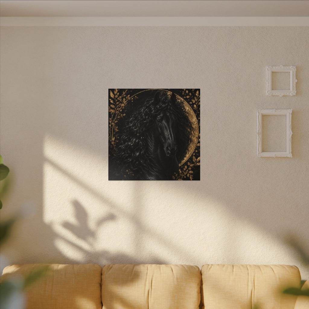 Black Stallion Canvas Print — Elegant Horse Wall Art with Gold Moon
