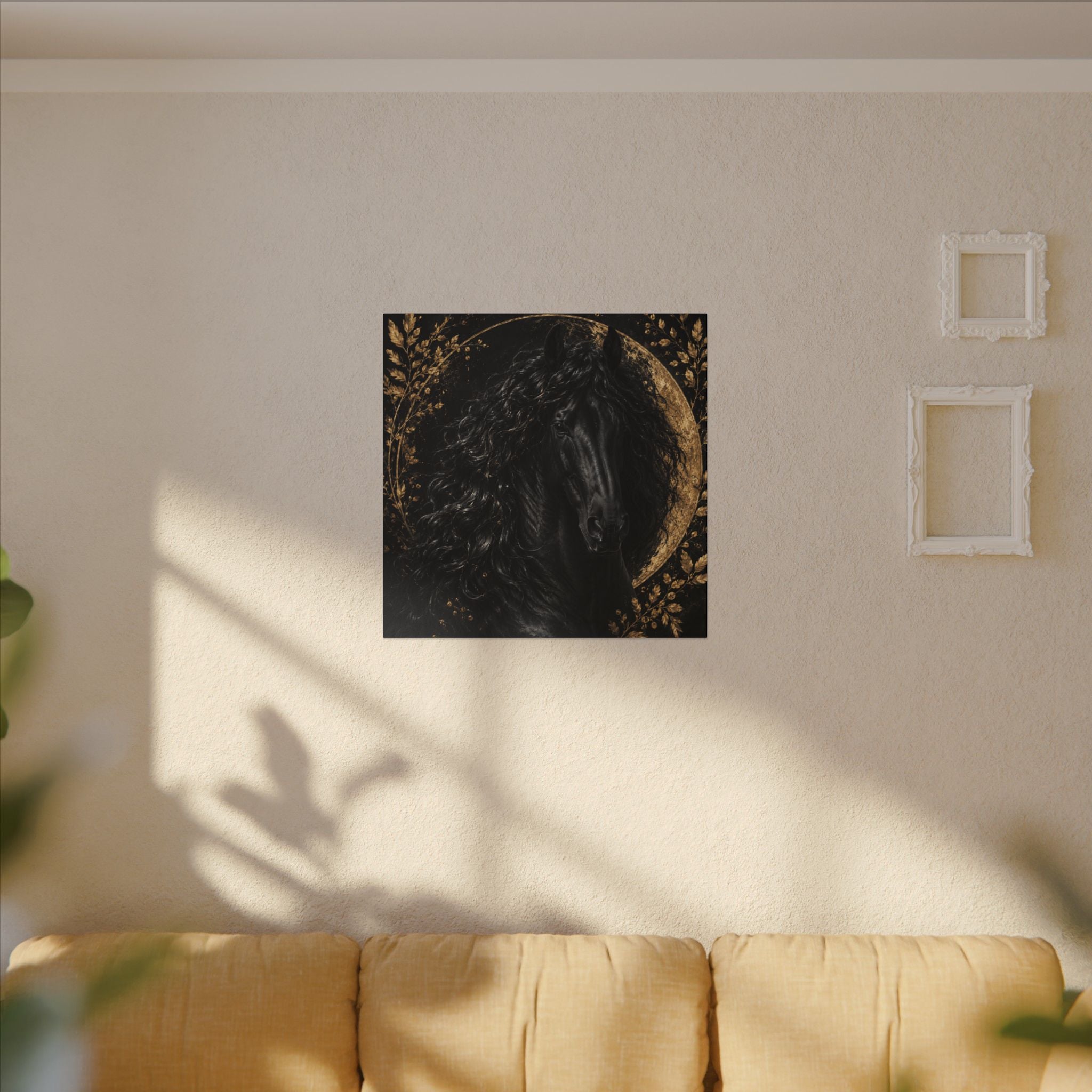 Black Stallion Canvas Print — Elegant Horse Wall Art with Gold Moon