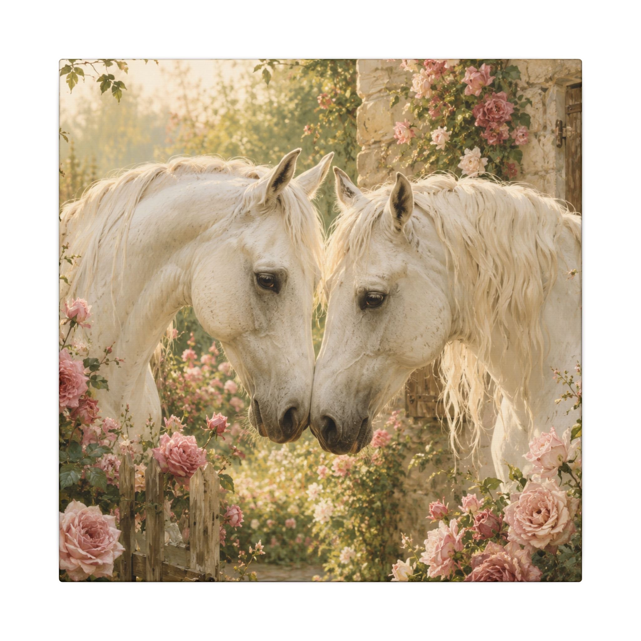 Romantic White Horses Canvas Wall Art — Floral Garden Horse Print