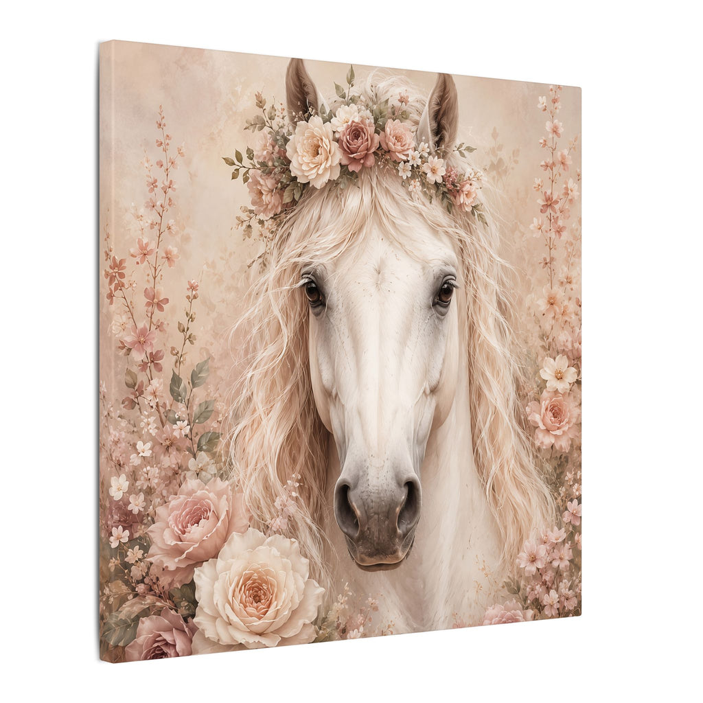 Floral White Horse Matte Canvas Wall Art