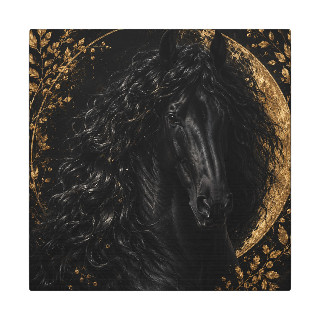 Black Stallion Canvas Print — Elegant Horse Wall Art with Gold Moon