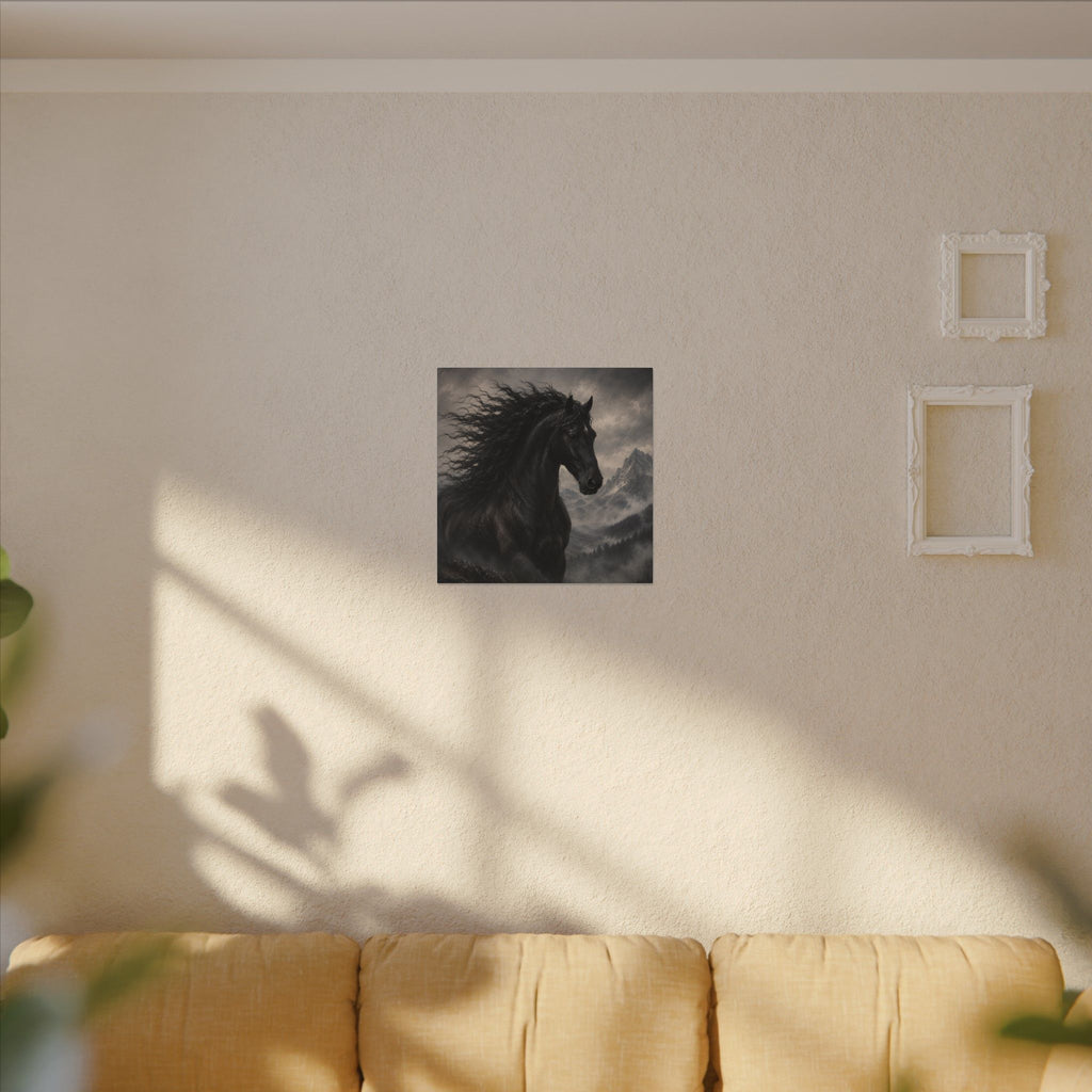 Majestic Black Horse Matte Canvas Wall Art — Dramatic Mountain Stallion Print
