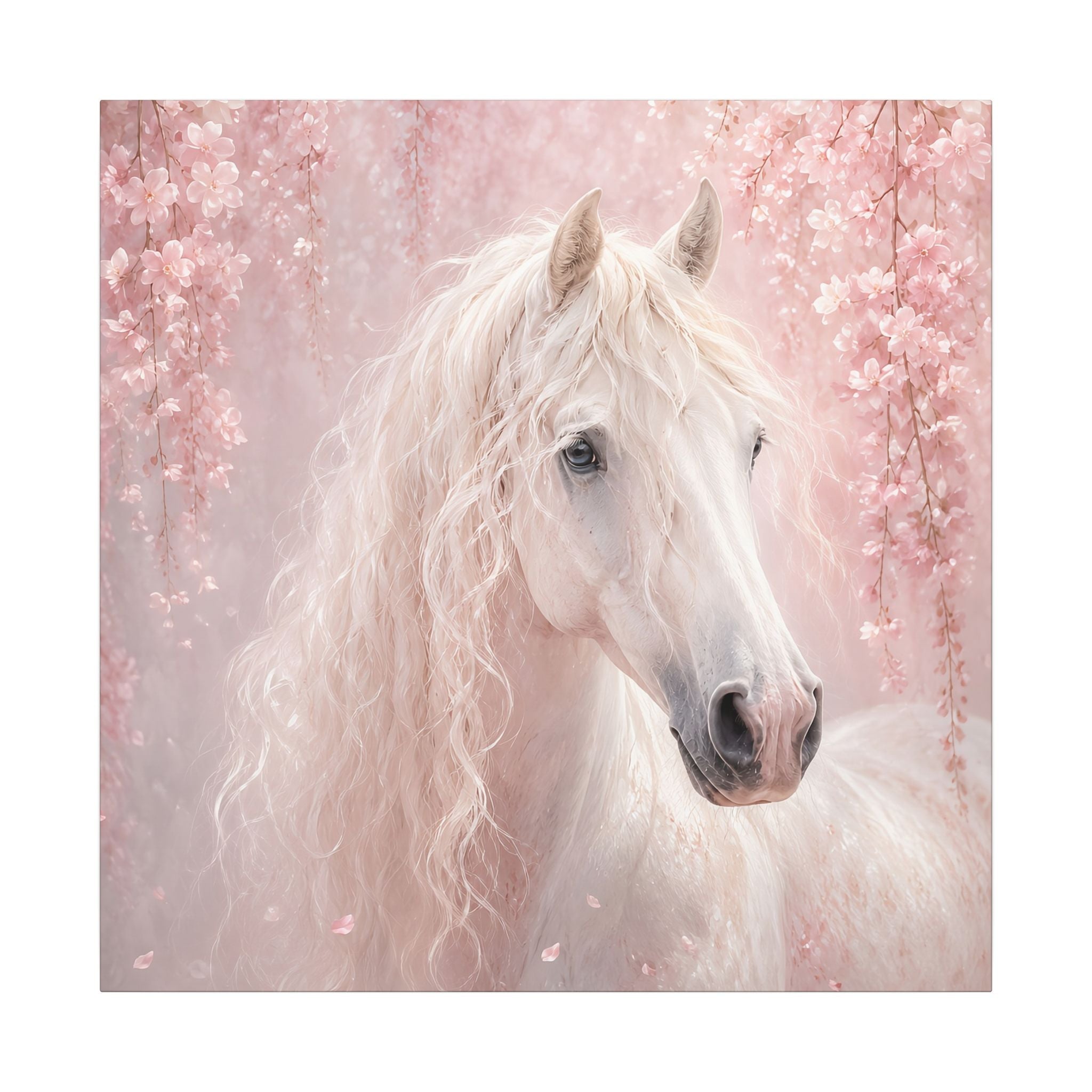 White Horse Canvas Wall Art — Romantic Pink Floral Unicorn-Style Print